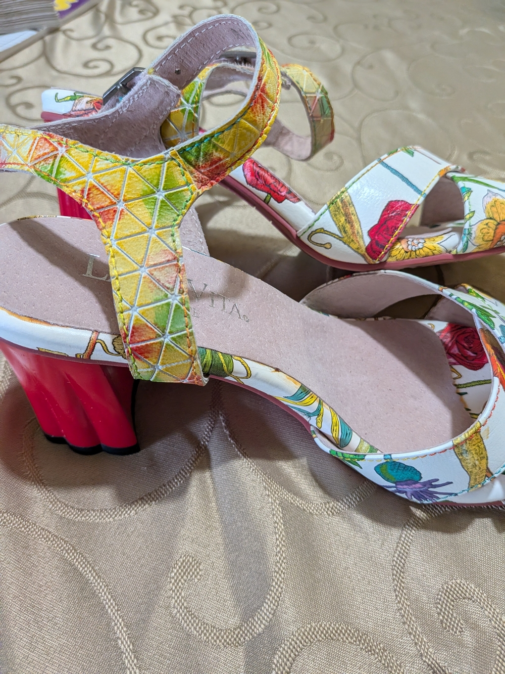 Colorful Floral Strappy Heels with Red Block Heel
